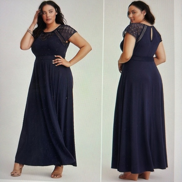 Torrid Navy Short Sleeve Crochet Lace Insets Jersey Knit Maxi Dress 4X - Picture 1 of 11